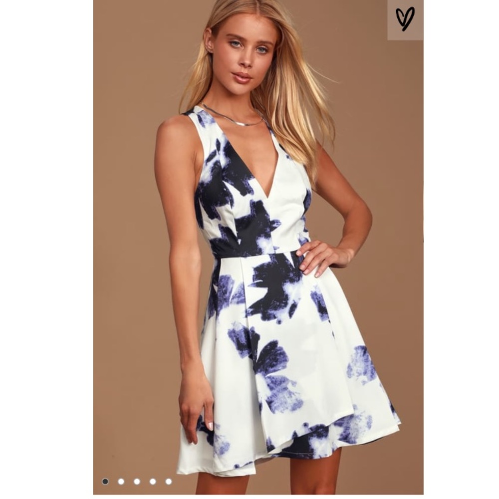 Seeing Chic Blue and Ivory Print Skater Dress